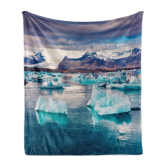Iceland Soft Flannel Fleece Blanket, Floating Blue Icebergs in Jokulsarlon Glacial Lagoon Colorful Sunset in Vatnajokull, Cozy Plush for Indoor and Outdoor Use, 70" x 90", Multicolor, by Ambesonne