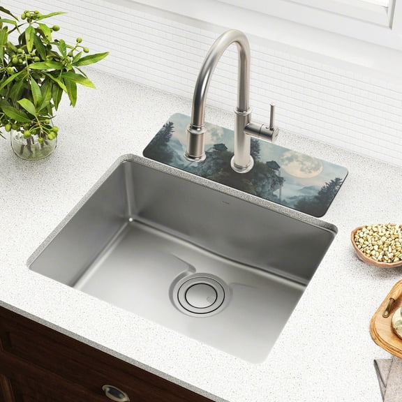 Yayeee Faucet Mat for Kitchen Sink 14.7" Diatomite Long Splash Guard Pad, Moon and House