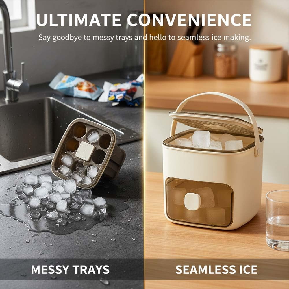 Ice Cube Tray with Storage Bin, Easy Release Press-Type Silicone Mold with Handle for Freezer, Drinks, Coffee, Parties