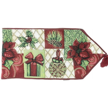 

Christmas Green Decorative Tapestry Holiday Tidings Poinsettia Table Runners With Tassels 13 X 90