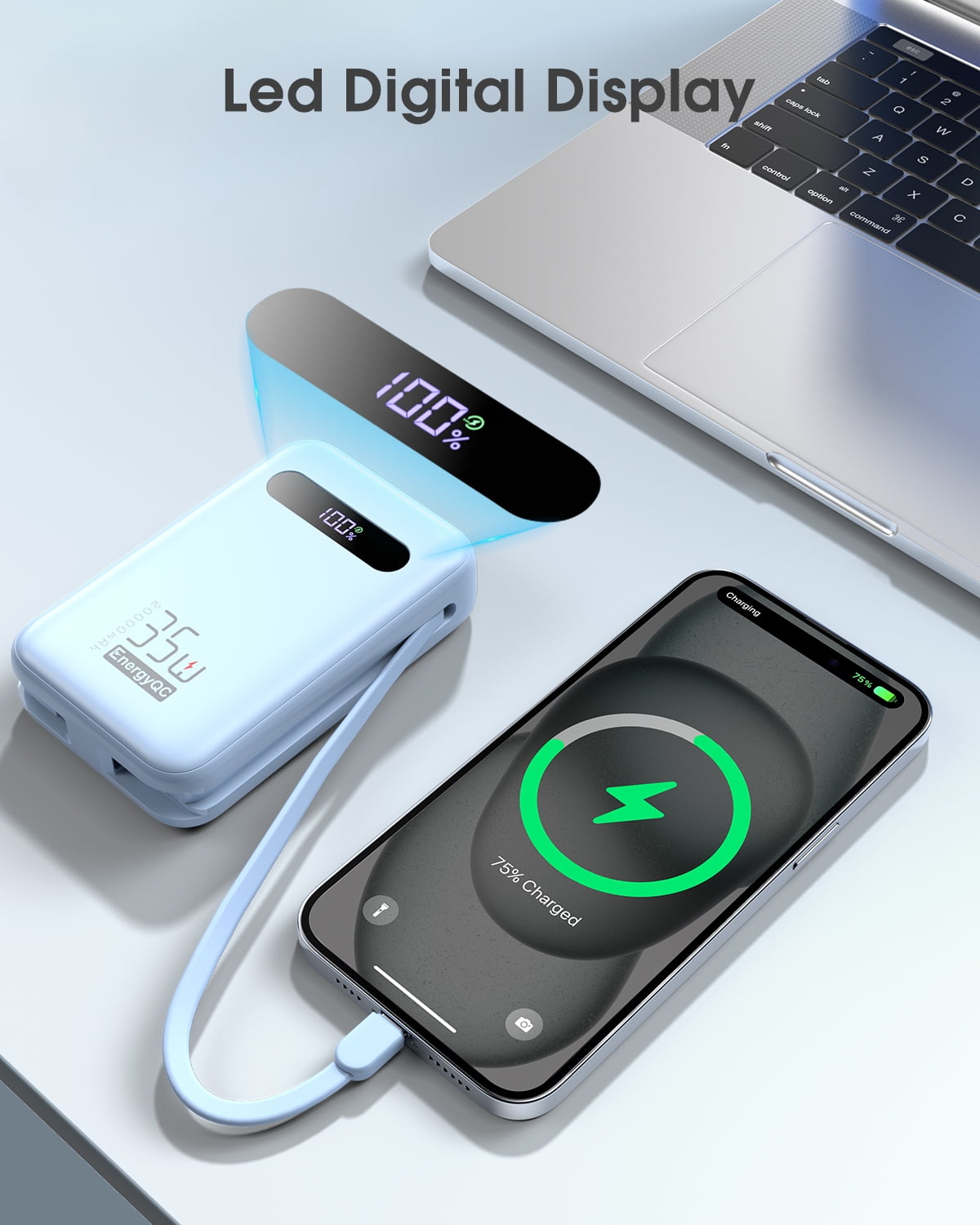 EnergyQC 20,000mAh Power Bank – 35W PD 3.0 & QC 4.0 Fast Charging Portable Charger with Built-in Lightning & USB-C Cables, Blue