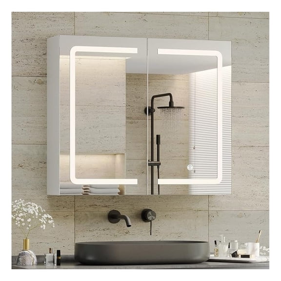 Bathroom Medicine Cabinet with Mirrors 27.6x23.62 inch Double Doors Wall Mounted Mirror Cabinet with Storage Organizer Lighted Medicine Cabinets with Adjustable Shelves,White