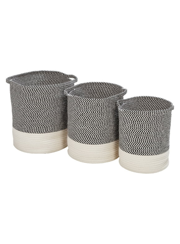 Honey Can Do Set of 3 Two-Tone Cotton Rope Baskets for Storage & Organization, Grey/White