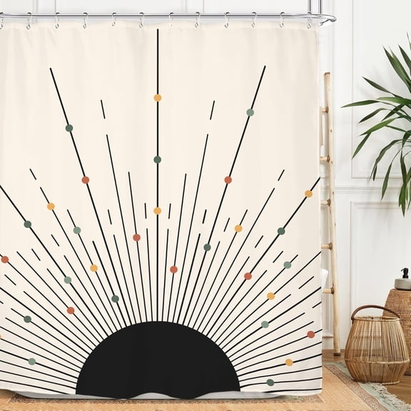 Abstract Sun Shower Curtain Set 72Wx72H Inches Modern Minimalist Mid Century Aesthetic Mustard Yellow Sunburst Sunrise Simple Polyester Waterproof Cloth Bathroom Curtain with 12 Hooks