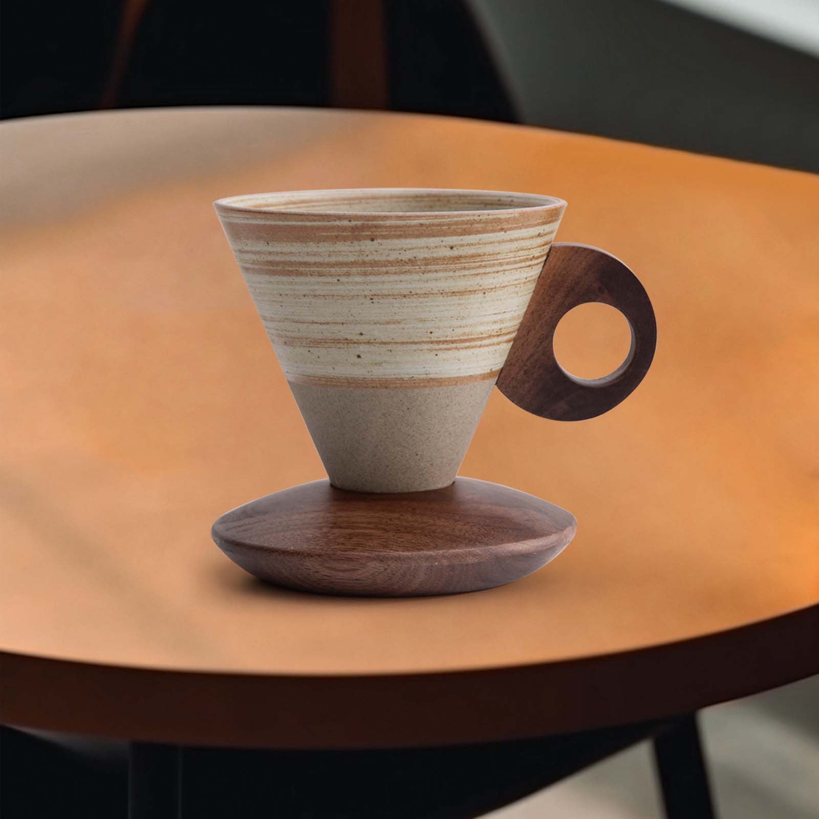 Elegant Conical Ceramic Coffee Cup with Solid Wood Base, Vintage Coarse Pottery Funnel-Shaped Mug for Home, Handcrafted Heat-Resistant Tea Coffee Cup, Pour-Over Espresso Brewing Mug, 200ml