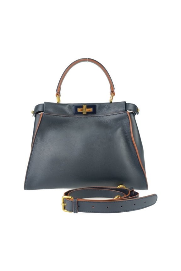 Pre-Owned FENDI Peekaboo Regular Selleria Handbag 8BN290 Navy Orange Leather Women's (Good)