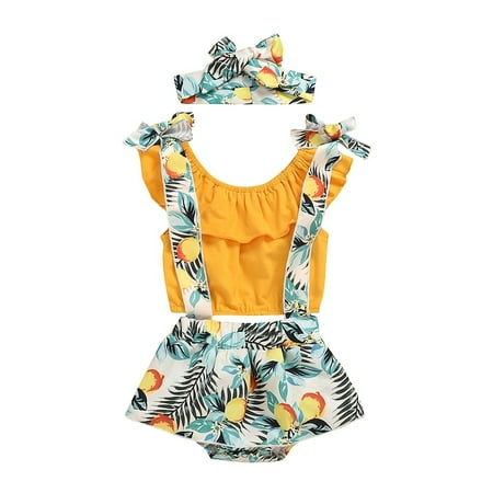 

3Pcs Newborn Baby Girl Clothes Crops Tops Strap Overall Shorts Pants Headband Outfits 0-24M