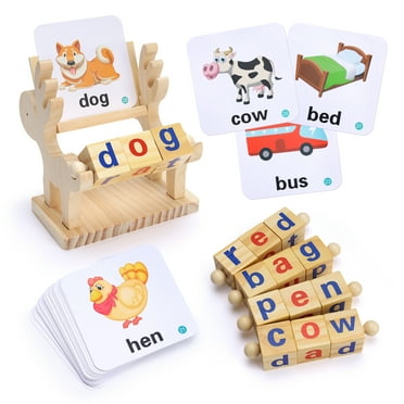 Pearoft Wooden Reading Blocks Preschool Educational Toys for 3 4 5 6 Year Olds Boy Girl, Flash Cards Learning Games for Children Age 7, Montessori Approved Toy for Pre-Kindergarten