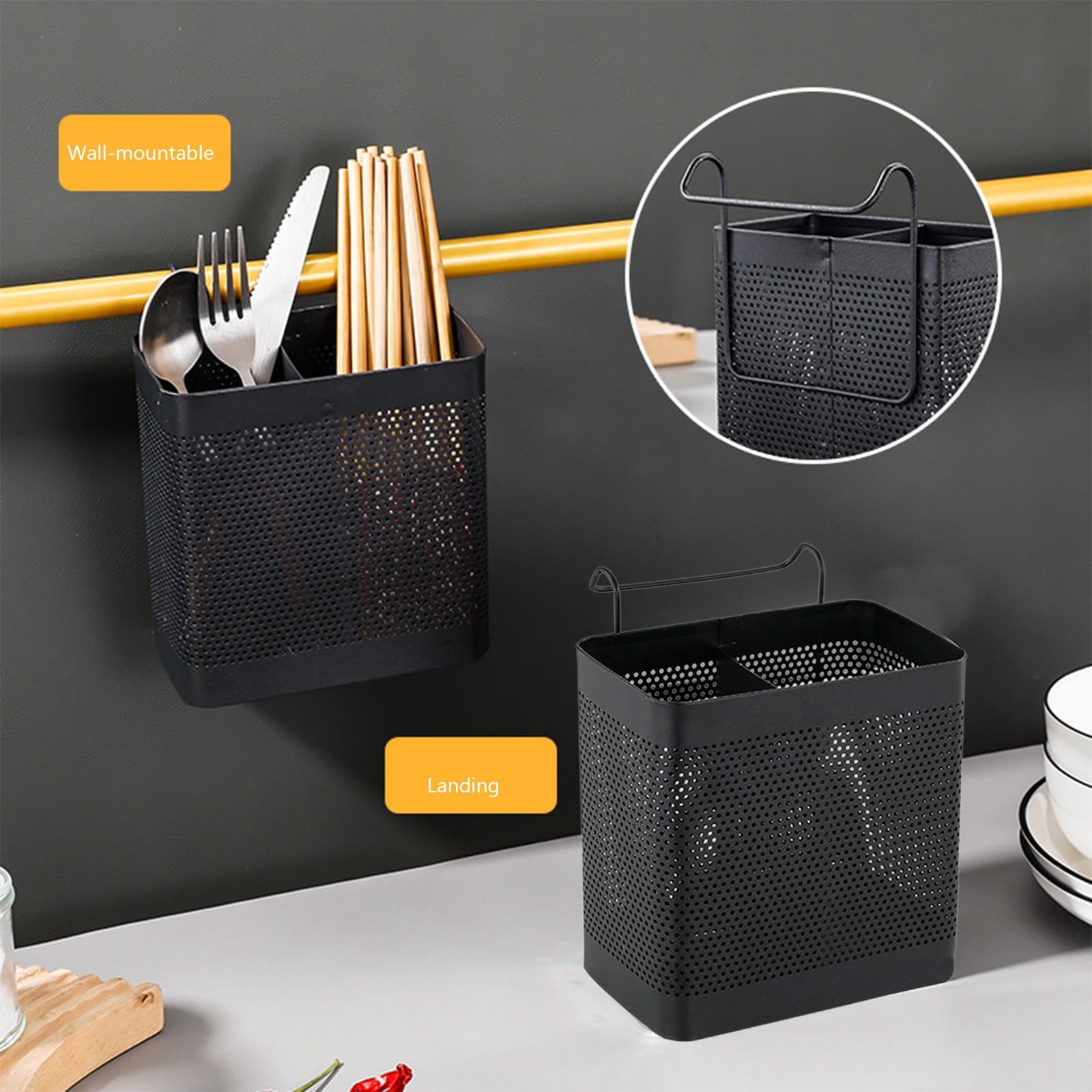 Stainless Steel Chopsticks Holder Ventilated Utensil Organizer with Hanging Hook for Kitchen Countertop Wall Mount Storage Solution for Forks Spoons Cooking Tools Drainage Design