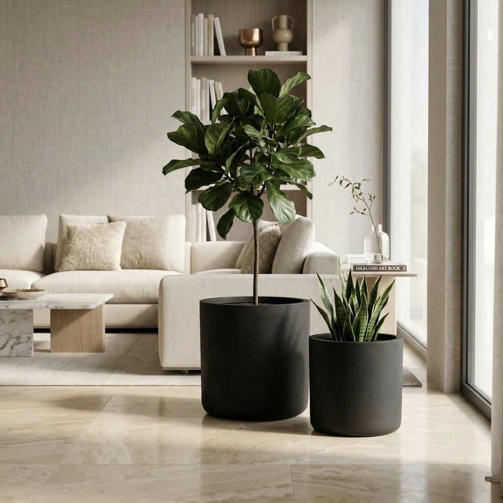 NOBOLEA 2Pcs Round Concrete Planter, Large Indoor/Outdoor Flower Pots with Drainage Hole for Plants for Home Garden Patio, 13" x 13" & 16" x 16"
