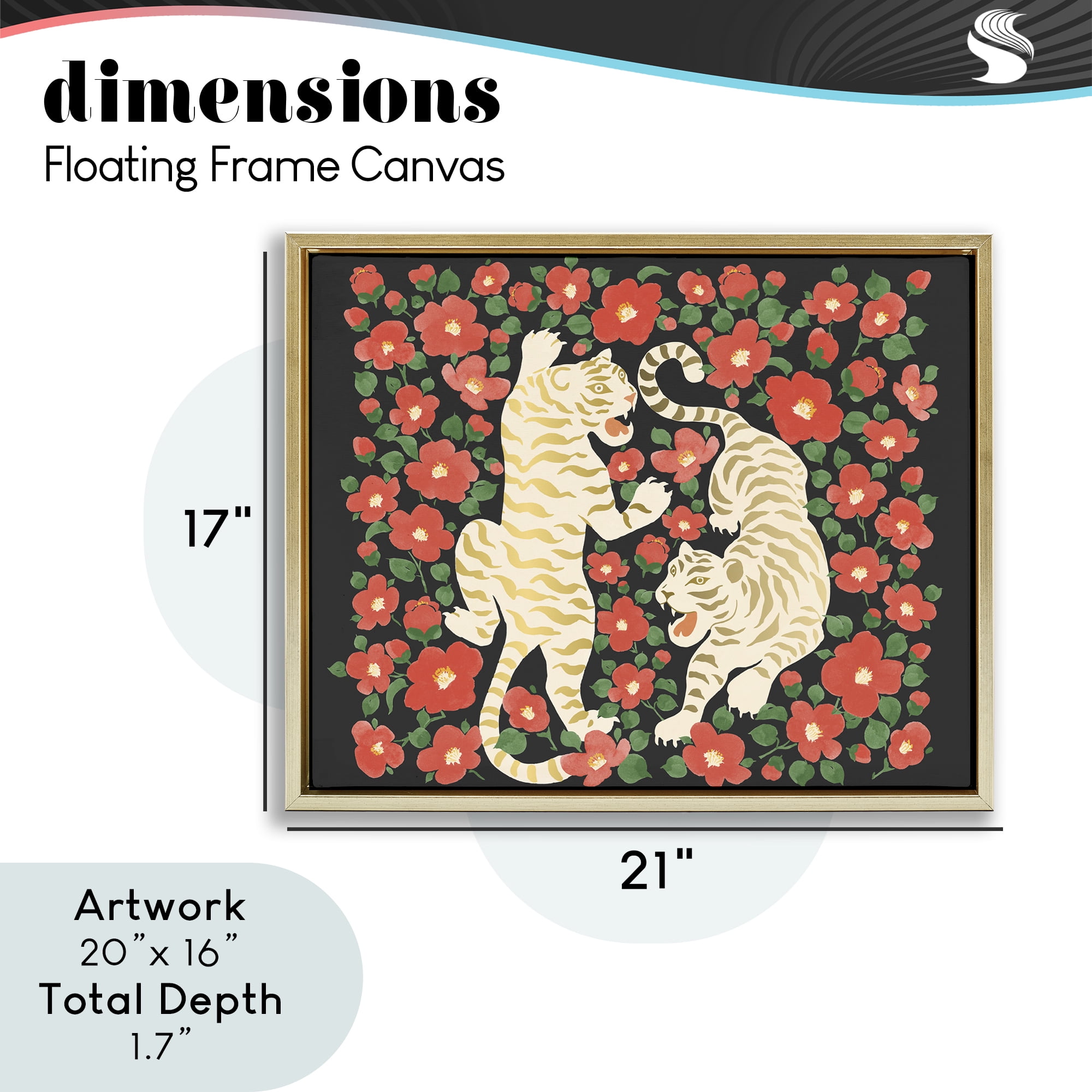 Stupell Industries Ivory Twin Tigers Among Flowers Gold Framed Floater Canvas Wall Art, design by Karolina Sato
