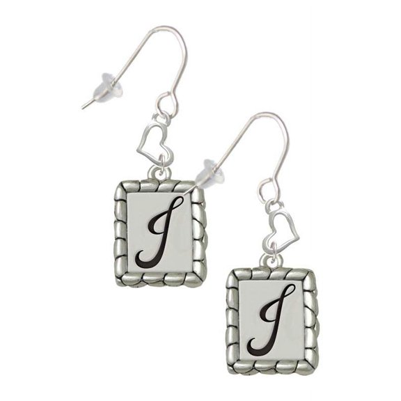Silvertone Pebble Border Initial - J Heart French Earrings