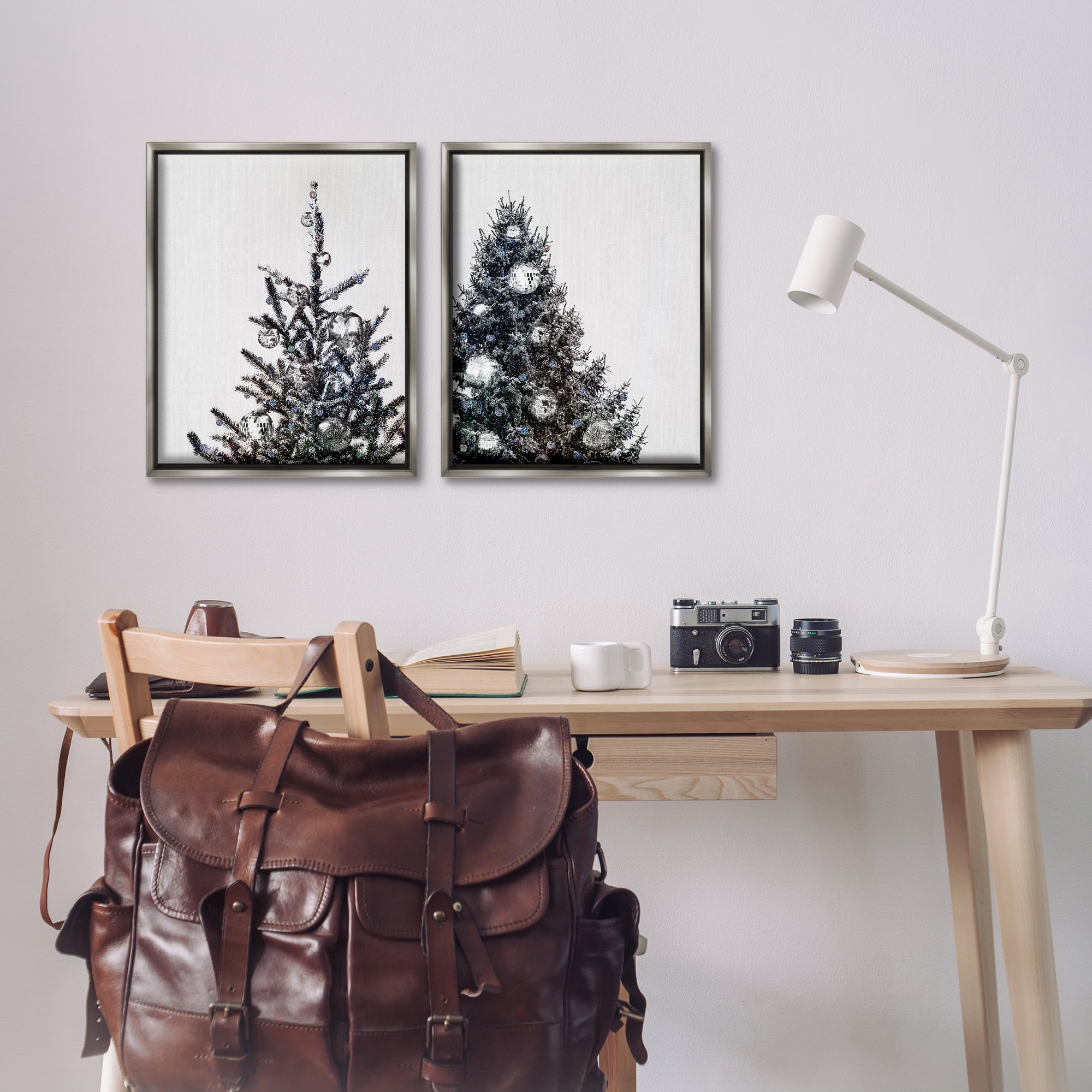 Stupell Industries Disco Ball Christmas Tree Holiday Photography Gray Floater Framed Canvas Art Print Wall Art, 17 x 21, Set of 2
