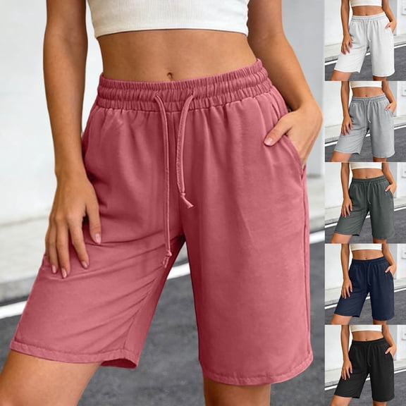SOFTCCLO Running Shorts for Women Solid Color Athletic Fitness Knee Shorts Elastic Drawstring Pocket Casual Womens Shorts Black L