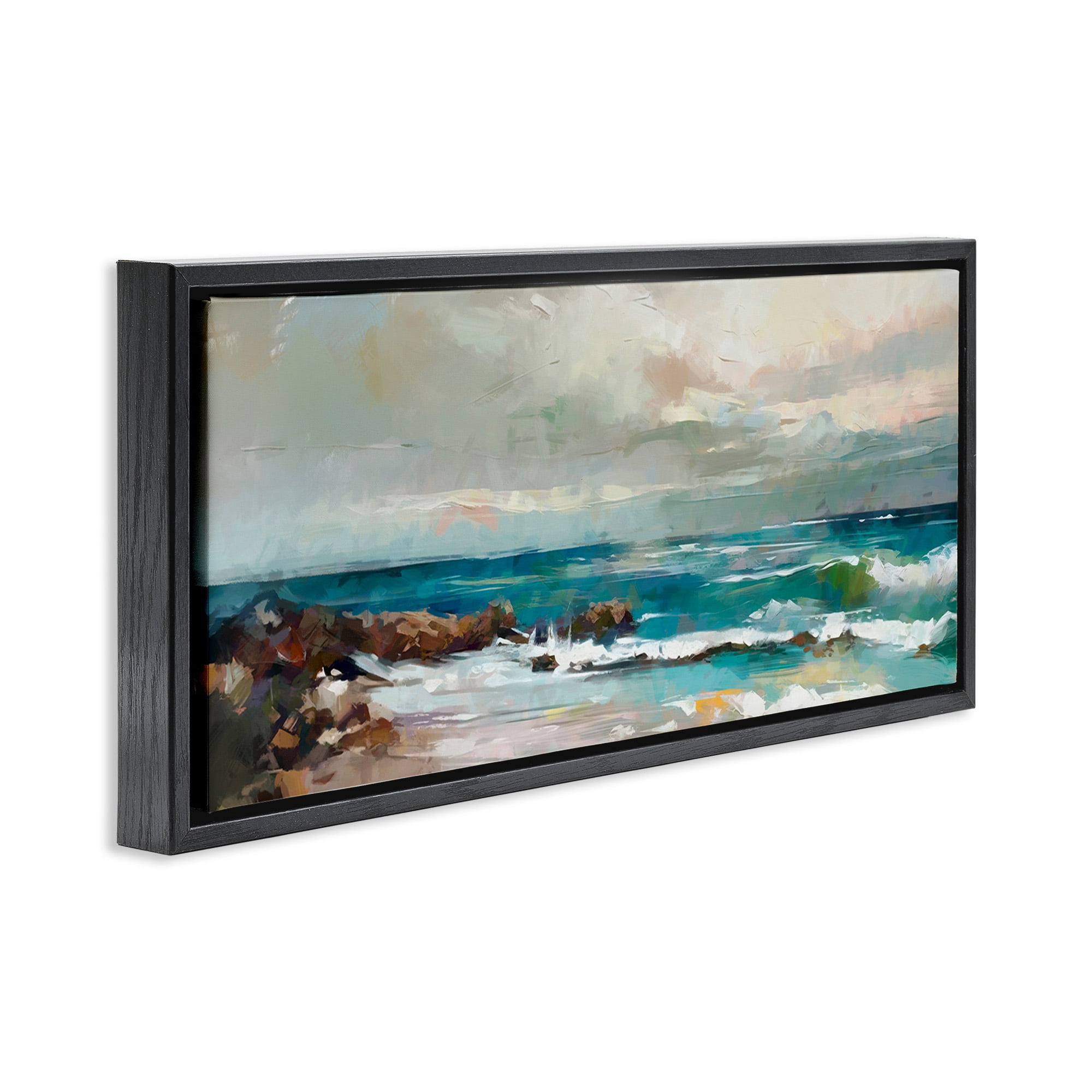 Stupell Industries Rocky Ocean Waves Landscape Painting Black Floater Framed Canvas Art Print Wall Art, 31 x 14