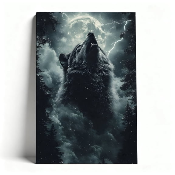 Mystic Wolf Howling At Moon & Lightning Canvas Wall Art, Wild Forest Animal Decor, Moody Nature Artwork For Living Room, Office, Cabin, Ready To Hang 24*36inch(60*90cm)