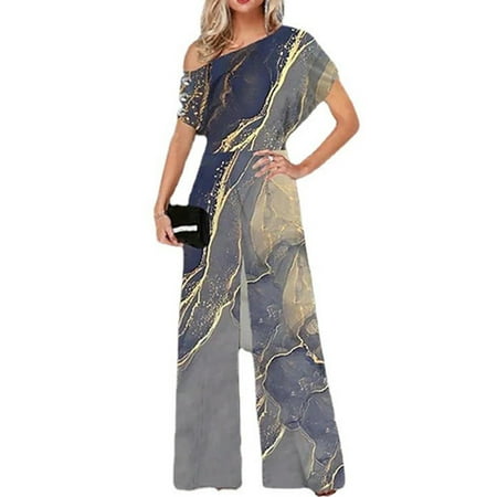 

LOVECOCO Womens One Shoulder Jumpsuit Wide Leg Pants Romper Printed Casual Work Office Playsuit Plus Size