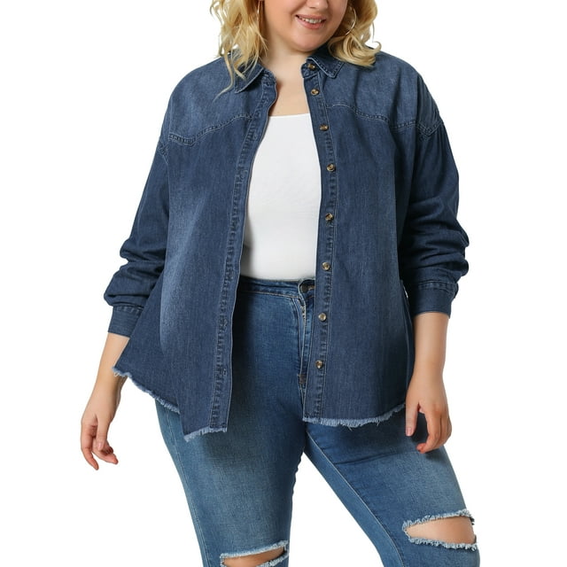 Agnes Orinda Women's Plus Size Button Down Long Sleeve Denim Shirts 1X Dark Blue
