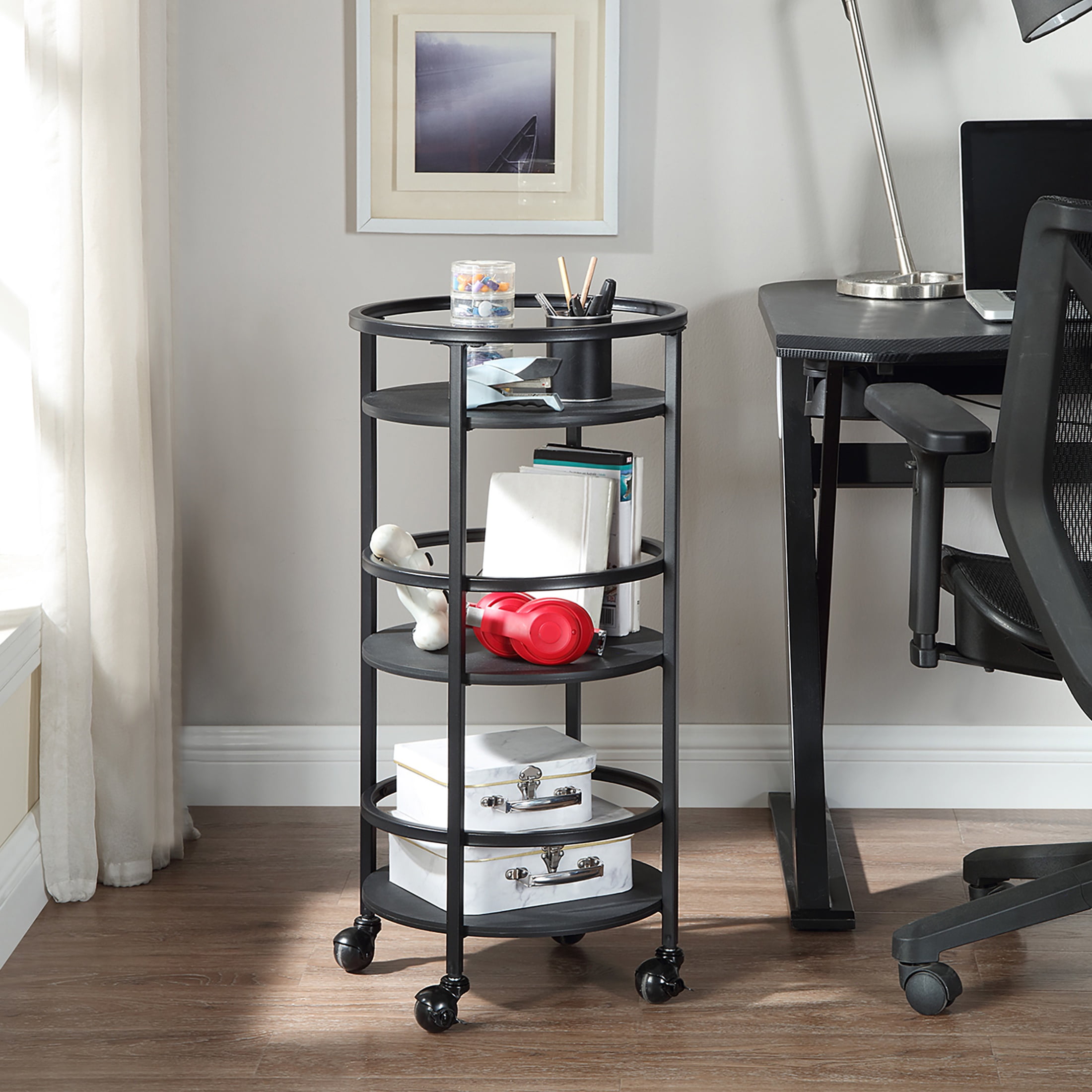 Mainstays 32"  3-Tier Rolling Round Kitchen Storage Bar Cart, Black