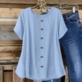 thumbnail image 2 of QIUOMBBP Peplum Shirts for Women Linen Short Sleeve Crew Neck Button Down Tunic Tops Loose Lightweight Summer Casual Tshirts Blue XL, 2 of 10