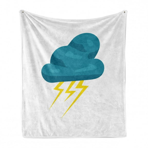 Teal and Yellow Soft Flannel Fleece Throw Blanket, Cloud with Thunderbolts Cartoon Style Meteorology Climate Theme, Cozy Plush for Indoor and Outdoor Use, 70" x 90", Teal and Yellow, by Ambesonne