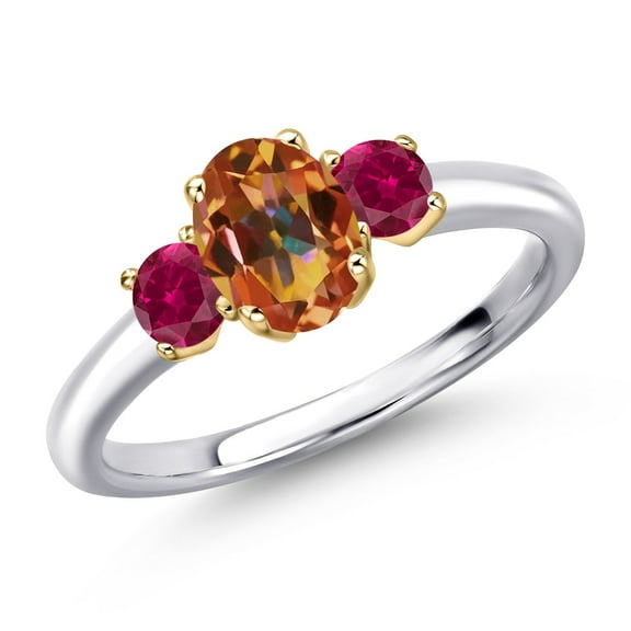 Gem Stone King 925 Silver and 10K Yellow Gold Ecstasy Mystic Topaz and Red Created Ruby Engagement Ring for Women | 1.50 Cttw | Oval 7X5MM | Gemstone November Birthstone | Size 6
