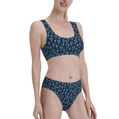Uemuo Question Marks Printed Women s High Waisted Bikini Sets Sporty Two Piece Swimsuits Color Block Cheeky High Cut Bathing Suits-XX-Large