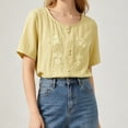 thumbnail image 5 of QUNYINEY Cotton Linen Casual Tops for Women Summer Short Sleeve Yellow T Shirts Crew Neck Embroidered Pullover Loose Fit Button Tops, 5 of 8