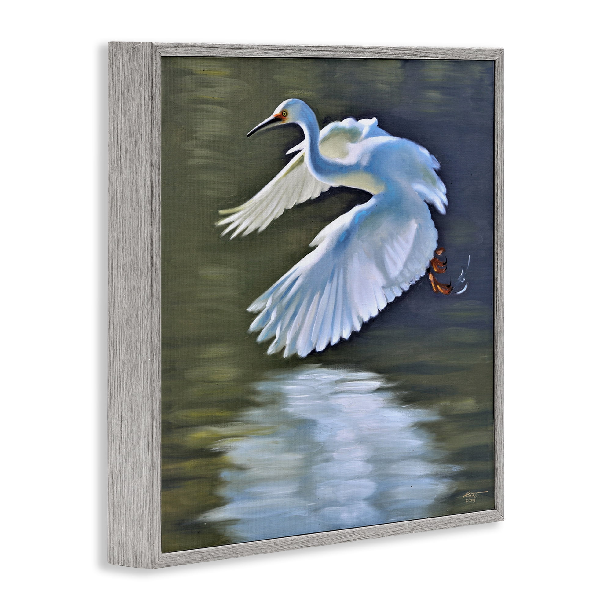 Stupell Industries Egret Flying Lake Surface Animals & Insects Painting Gray Framed Art Print Wall Art, 17 x 17