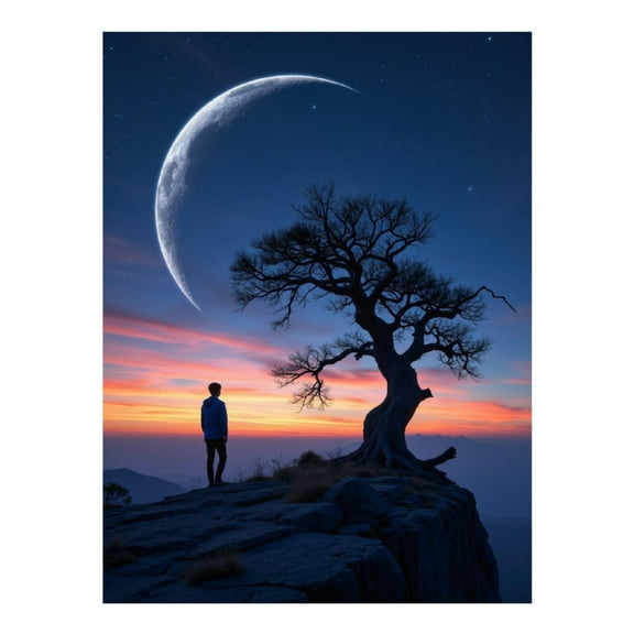 Diamond Art Kit for Adults, Tree On Cliff At Sunset Moonlit Sky Diamond Painting for Adults Beginners, DIY Diamond Art Painting Kits, 5D Diamond Painting Crafts for Home Decor 12x16 Frameless