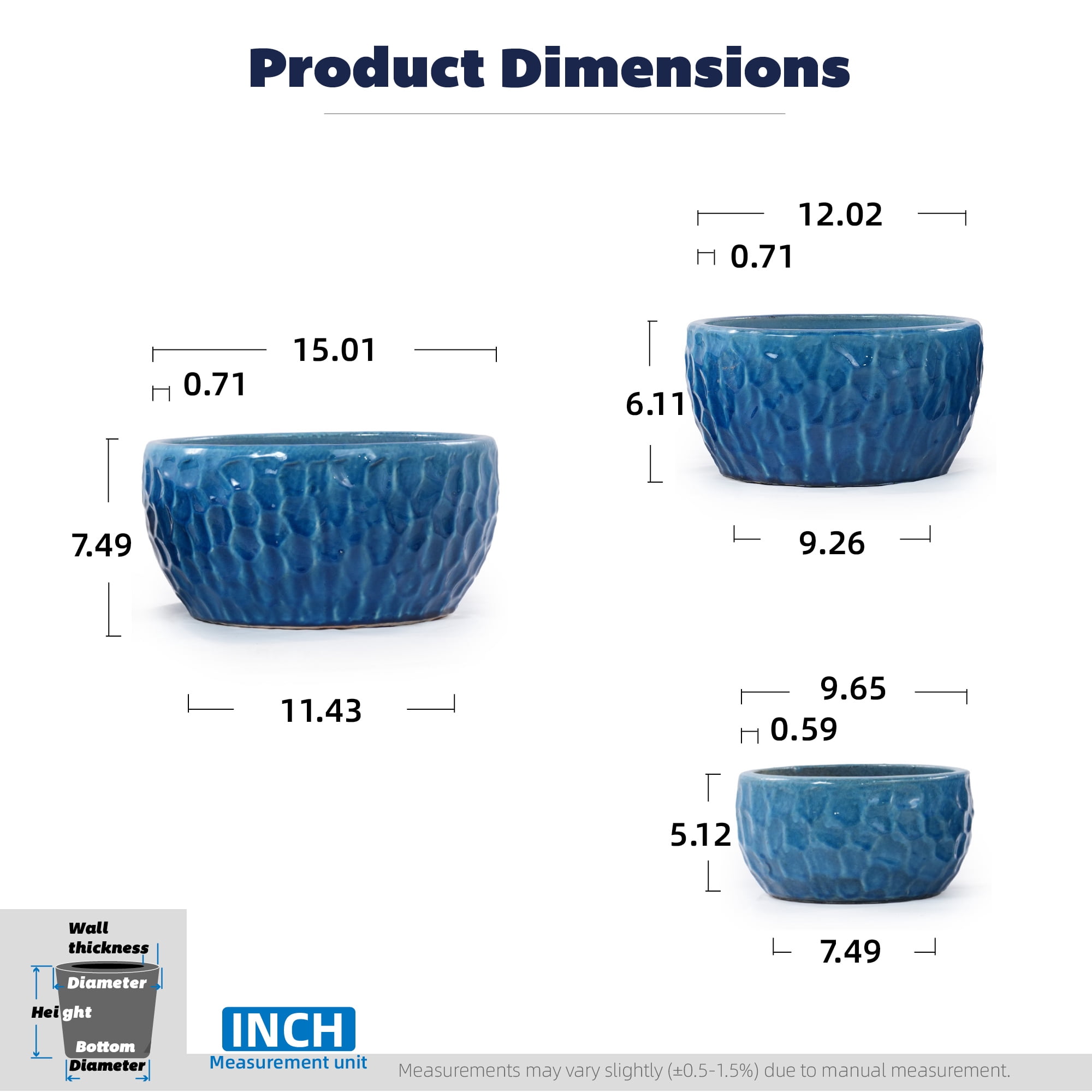 Leumius Set of 3 Handmade Ceramic Planter, 15"/12"/10" Diameter, Cobalt Blue Hammered Texture, for Succulents & Violets, Indoor/Outdoor Use on Windowsill & Bookshelf Blue