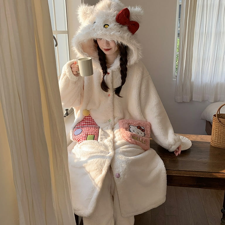 Hello Kitty Plush Sleep Robe and Pajama Pants Set for Women,Cozy