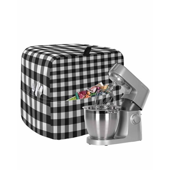 Black White Plaid Stand Mixer Dust Cover with Storage Pocket & Handles,Modern Simple Buffalo Check Gingham Fits All Tilt Head & Bowl Lift Kitchen Appliance Cover Organizer Bag Accessories,6-8 Quart