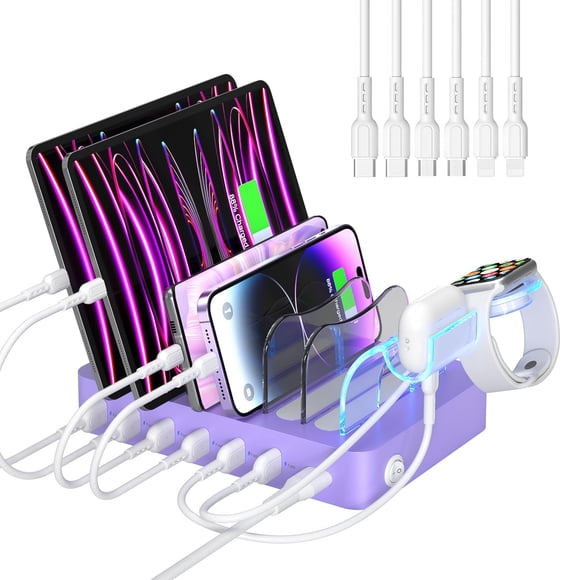 Estación de carga SOOPII de 6 puertos y 50 W con soporte para iWatch, color morado