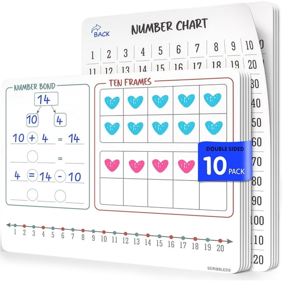 Scribbledo Number Bonds Dry Erase Sheets, Number Chart Math Manipulatives, 9” x 12”, 10-Pack