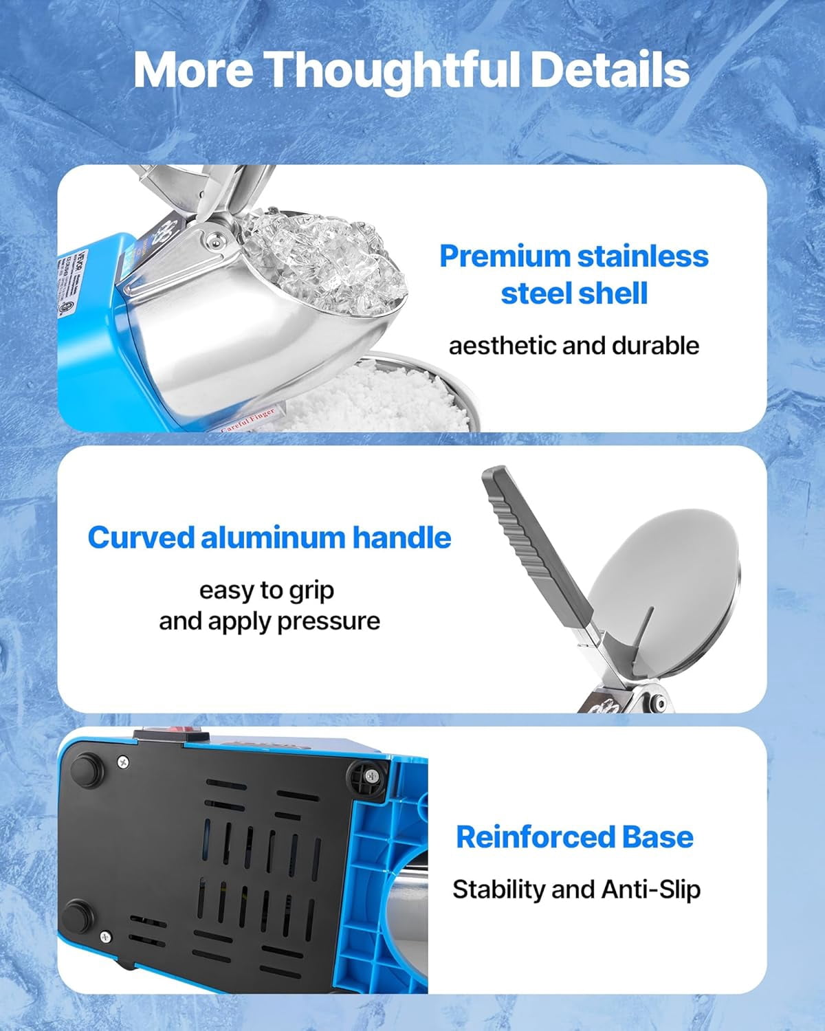Ice Crusher , 286lbs Per Hour Electric 4 Blades Snow Cone Maker, Stainless Steel Shaved Ice  with Bowl and Cover, 300W 2000RPM Ice-Shaver for Home and Commercial Use, Blue