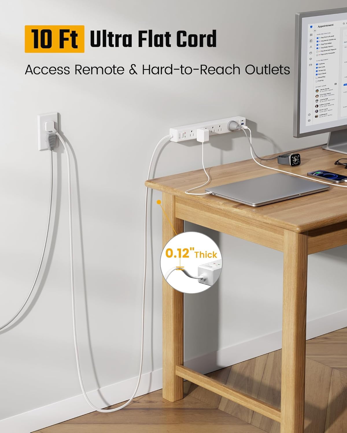 10Ft Extension Cord with Multiple Outlets, Flat Plug Surge Protector Power Strip 10 Ft Long Cord, 6 Outlets & 3 USB Ports, Charging Station for Home Office, College Dorm Room Essentials
