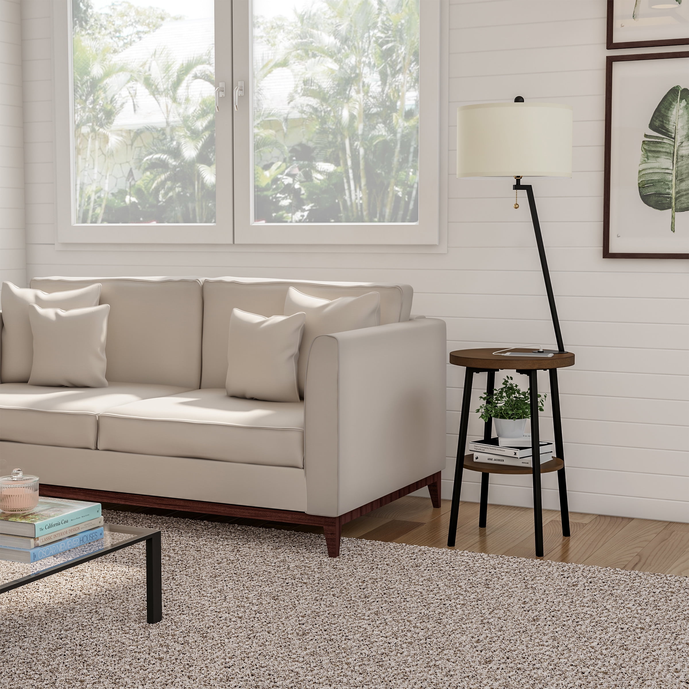 Lavish Home 58-inch Floor Lamp with Table - Mid-Century Nightstand with USB Charging Port and Drum Shade