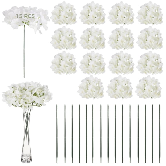 15 PCS Artificial Hydrangea Flowers, Bulk Silk White Flower with Stem, Full Bloom Hydrangea Bouquet for Wedding, Party, Home Decor, DIY Floral Arrangements, Indoor Outdoor Decor