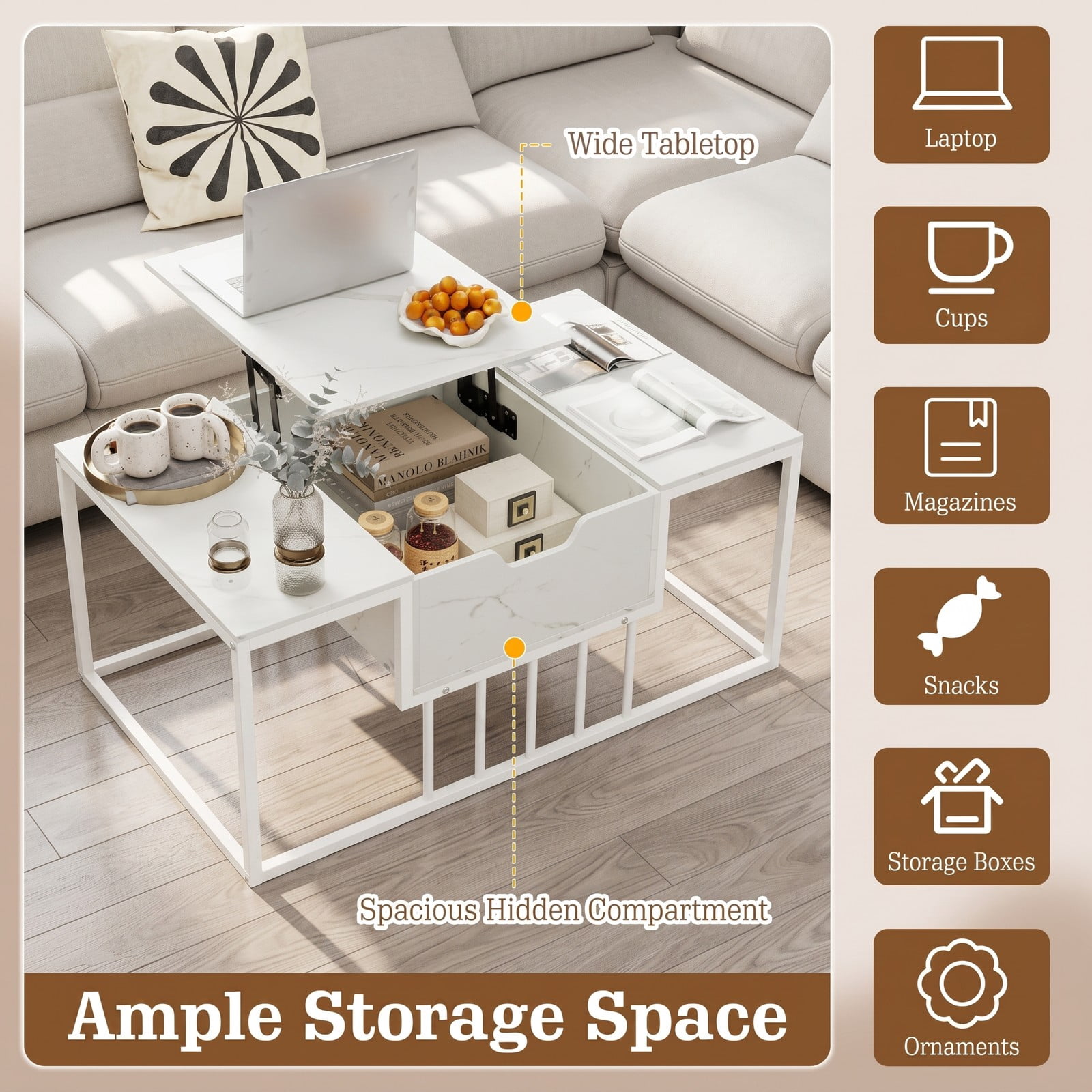 Furnibear Lift Top Coffee Table with Hidden Storage Compartment, Modern Center Table for Living Room, Adjustable Height Rising Tabletop, Engineered Wood and, White