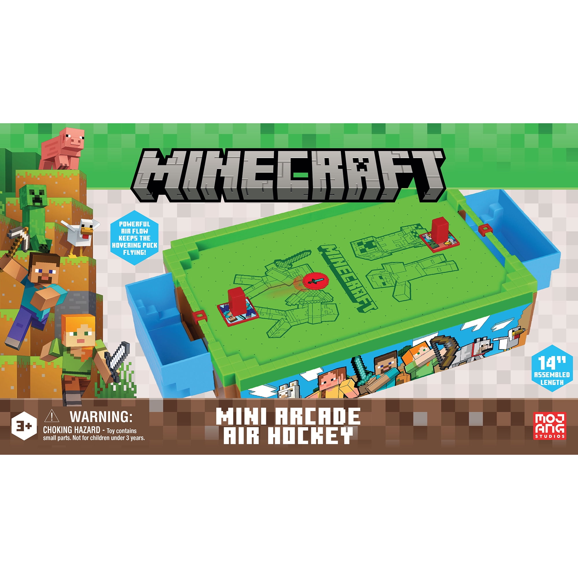 Minecraft: Mini Arcade Air Hockey - Overworld - 14" Motorized Tabletop Game, Iconic Sounds, Customizable Pushers, Licensed, Adults- Kids 3+, 2 Players