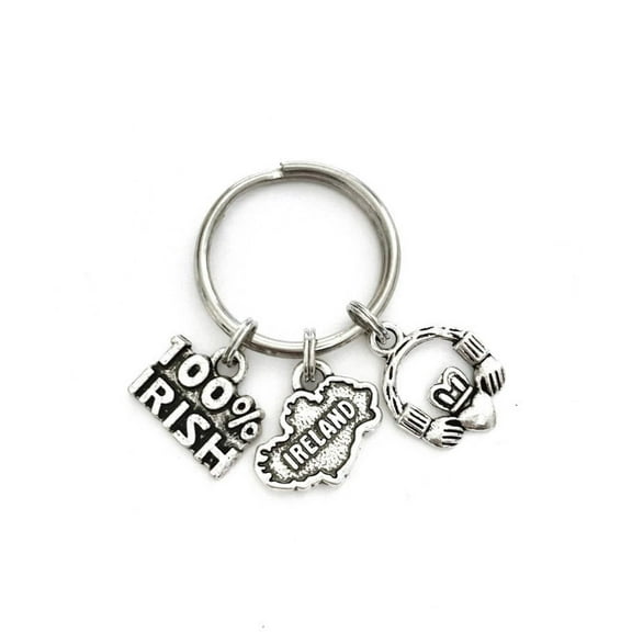 Ireland themed keychain. Includes 100% Irish, Ireland Country, and Claddagh Charms. Irish Gift. I Love Ireland.