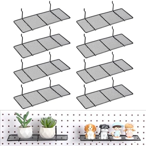 8 Pcs Pegboard Shelf, Metal Mesh Peg Board Hooks, Shelf Brackets Organizer Attachments for Home Garage Workbench Kitchen, Fit 1/4 and 1/8 Inch, Black