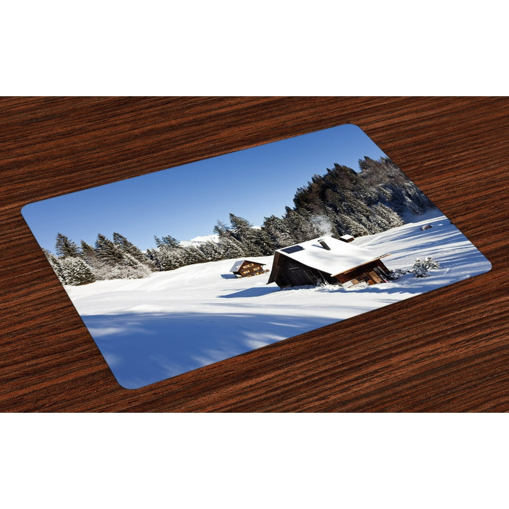 Winter Placemats Set of 4 Log Cabins in the Mountains Sunny Winter Day