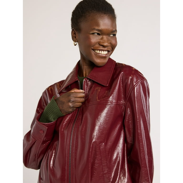 Scoop Women's Crinkle Faux Patent Leather Cropped Bomber Scoop Women's Crinkle Faux Patent Leather Cropped Bomber