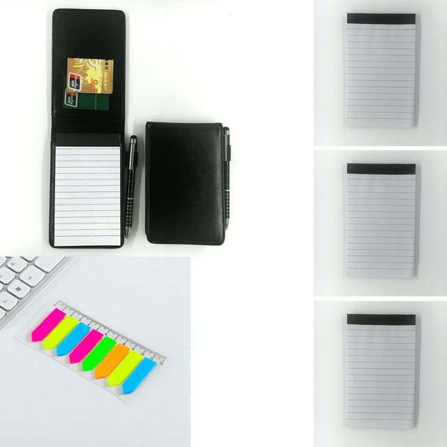Juego de mini bloc de notas de 6 piezas, incluye cuaderno de cuero A7 con bolígrafo de metal, cuaderno de notas de 3 piezas cada uno con papel rayado de 30 páginas, 1 etiqueta de índice, cuaderno de