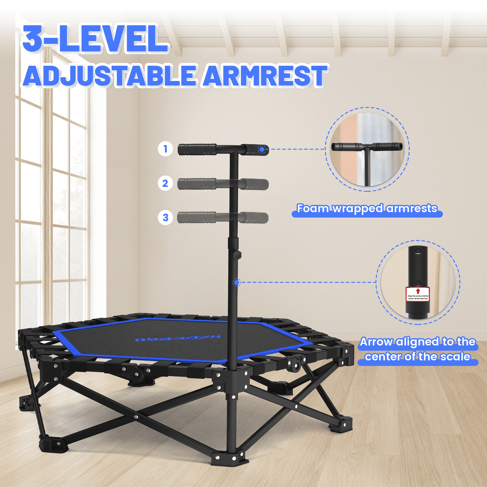 HXD-ERGO 42'' Foldable Mini Trampoline, Rebounder Trampoline with Adjustable Foam Handle, Fitness Trampoline for Indoor, Outdoor, Home Gym, Max Load 460lbs