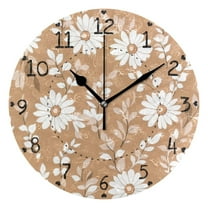 Daisy Flowers on Brown Round Wall Clock Silent Battery Operated Home Decor for Living Room Bedroom