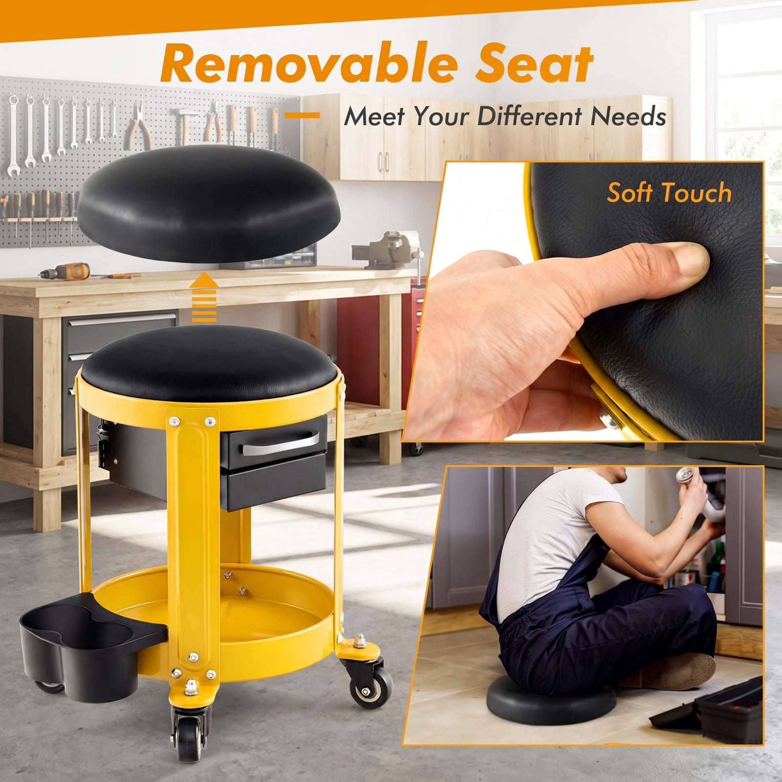 Biotree Rolling Mechanic Stool with Removable Padded Seat, 2 Drawers and Tool Tray, Height Adjustable Shop Garage Creeper Seat on Wheels, 330 lbs Capacity, Yellow
