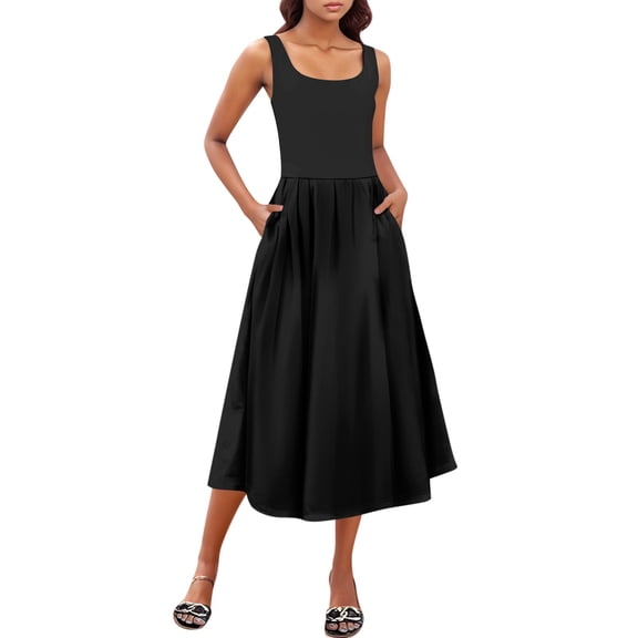 Women's Sleeveless A-Line Midi Dress with Pockets, Casual Square Neck Fit and Flare Summer Graduation Dress